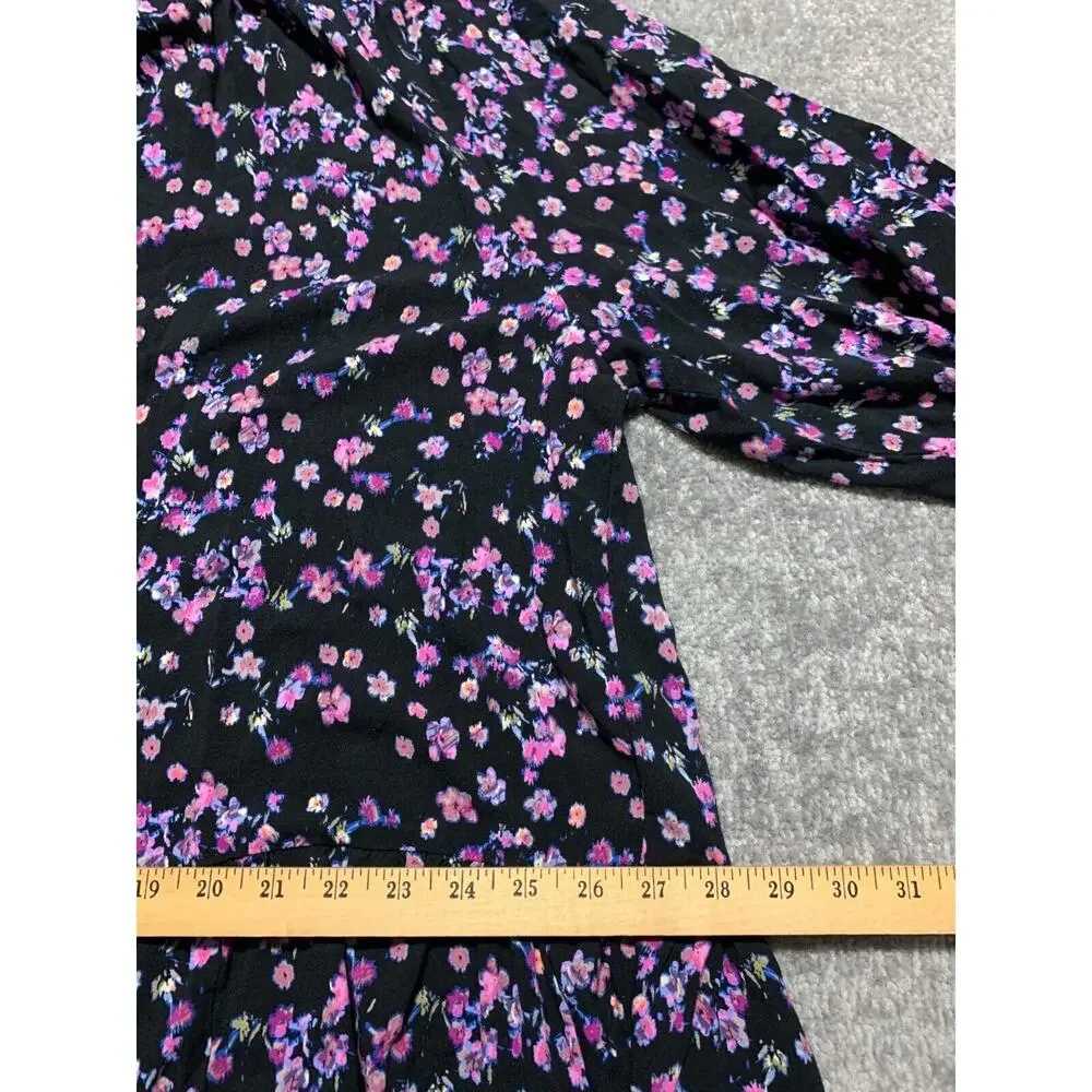 H&M Mini Dress Women Size XXL Black Floral Keyhole Viscose Half Puff Sleeve Boho - Picture 12 of 13